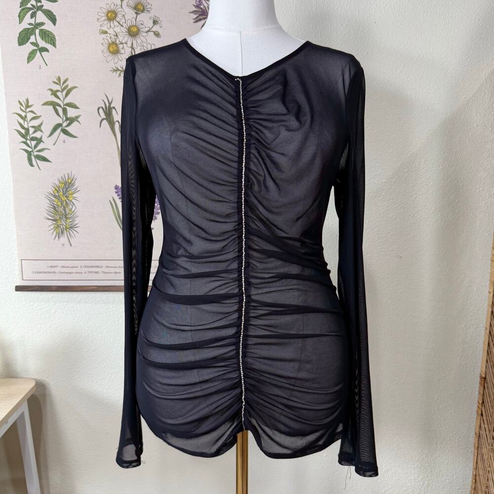 Y2k Ruched Rhinestone Sheer Mesh Top Sexy Dark Fairy Romantic Goth Trashy XL